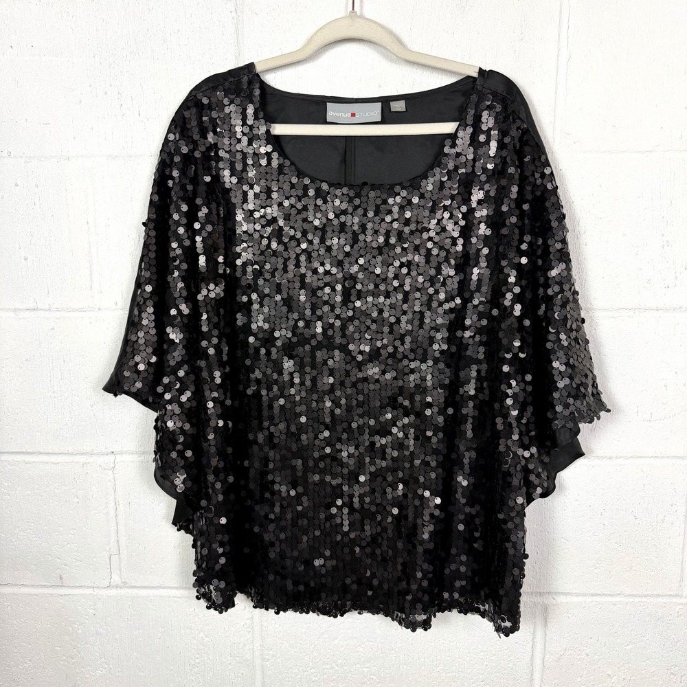 Avenue Sequin Top Plus Size 18/20 Black Sparkly Relaxed Lined NYE Glam Cocktail